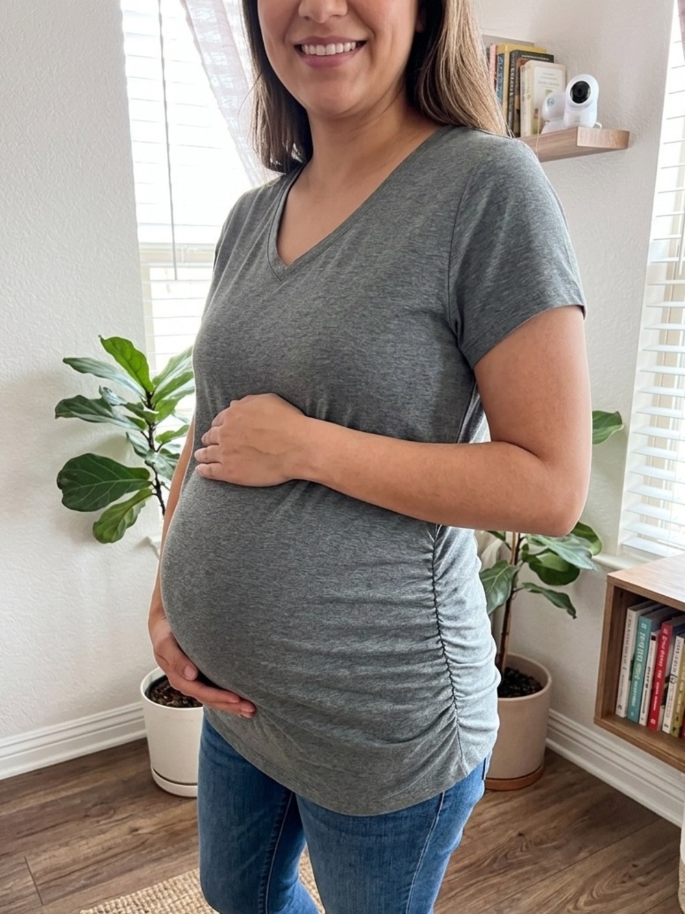 Time and Tru Gray Maternity V-Neck Ruched Side Tee